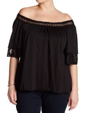 H.I.P. Nordstrom Lace Crochet Layered Top Off Shoulder Black Size 1X Worn Once